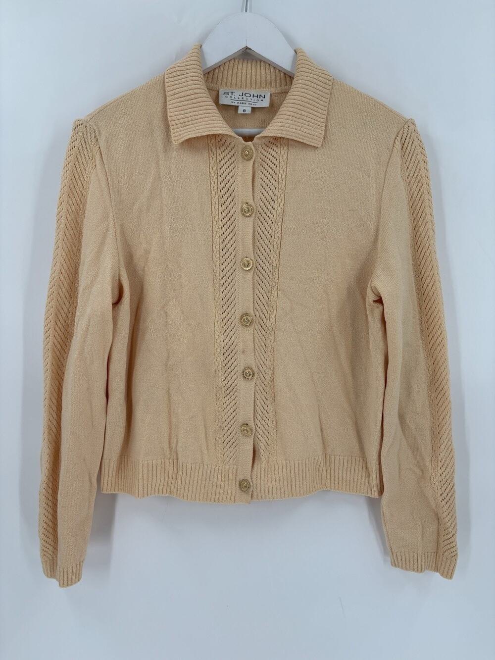 St John Cardigan Sweater Womens 8 Peach Santana Knit Buttons Vintage Collared